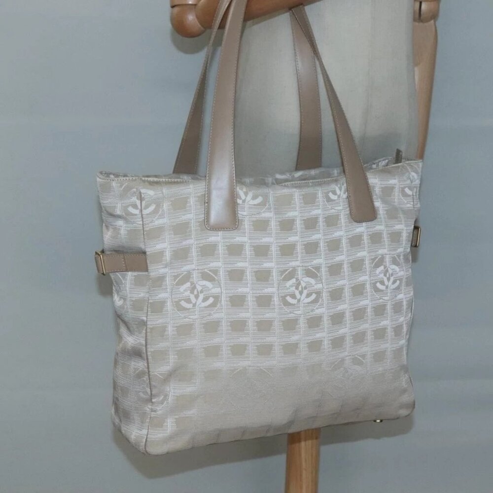 CHANEL New Travel Line Tote Bag Nylon Beige Gold CC Auth